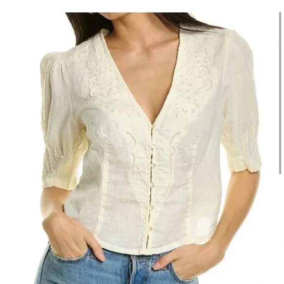 Free People Laurie Embroidered Blouse BEIGE SIZE SMALL - Picture 1 of 5